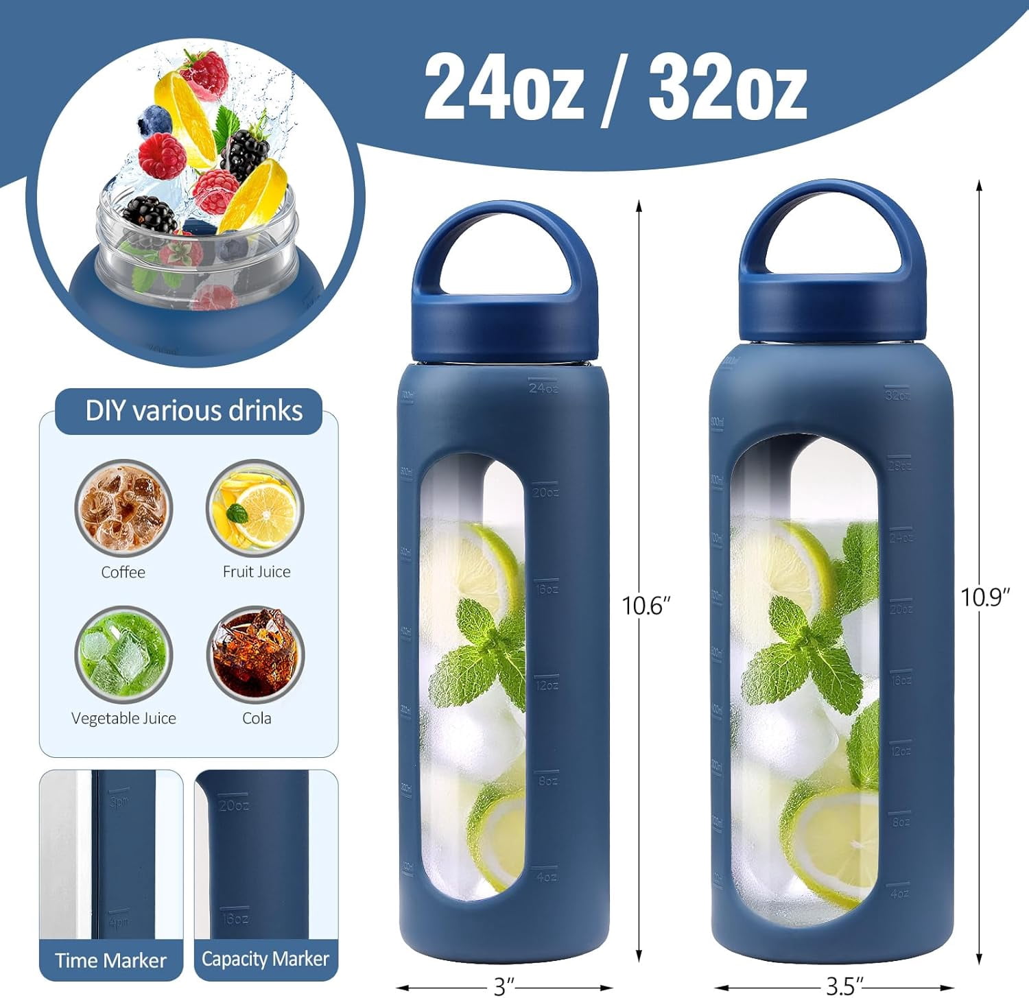 MUKOKO Glass Water Bottle, 32oz Sports Drinking Tumbler with Silicone Sleeve and Straw, 1 Cup 2 Lids, Blue