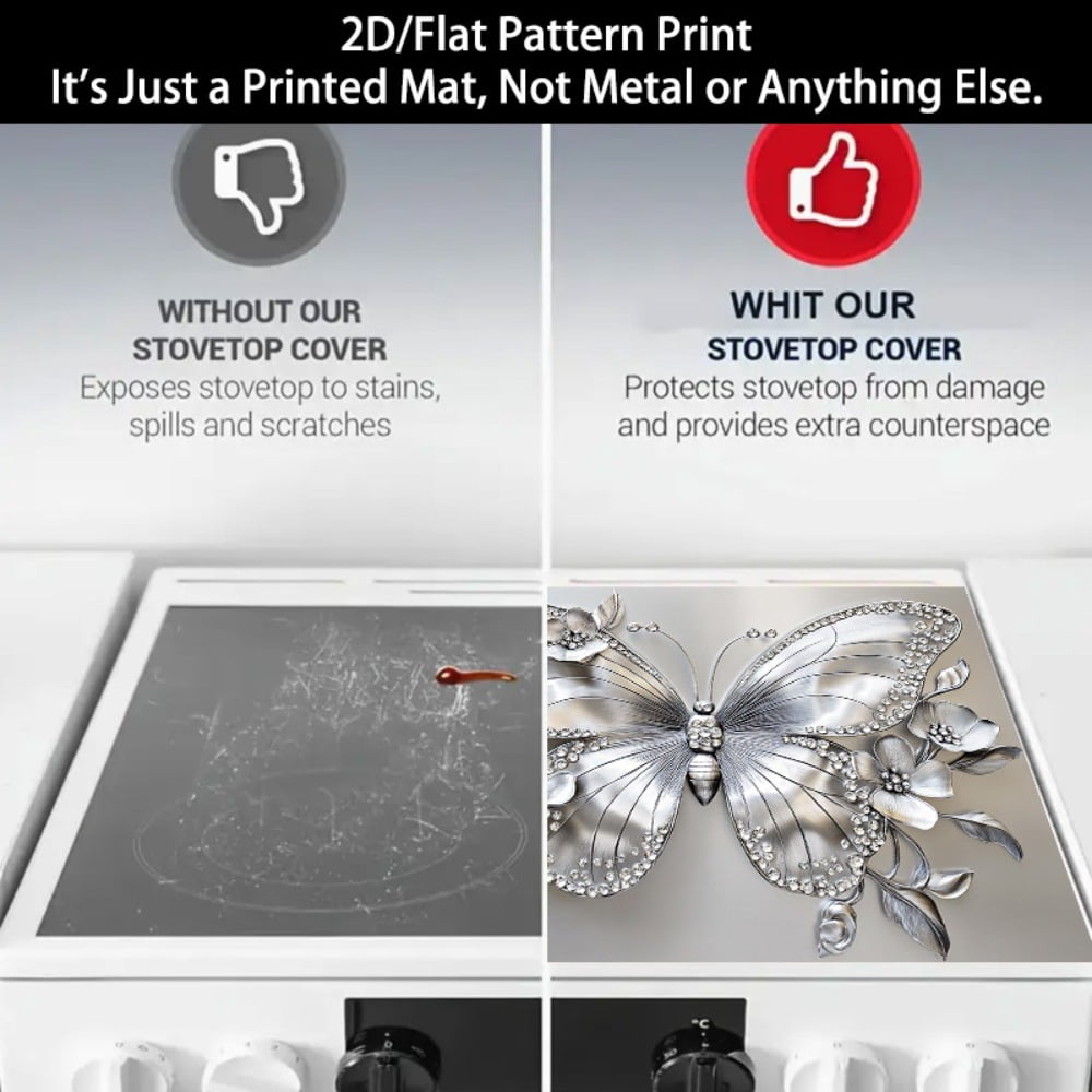 1 2D/flat stove cover protection pad, embossed diamond-encrusted butterfly flower pattern design, 28.3x20.5 inches (72×52cm), easy to clean, perfectly suitable for any kitchen, washing machine, dryer