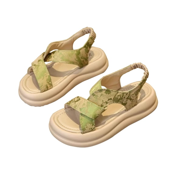 XIMIN Girls Open-Toe Platform Sandals Floral Print Dual Wide Straps Elastic Heel Non-Slip Thick Sole Casual Summer Shoes for Beach Wear (Green, 5-5.5 Years)