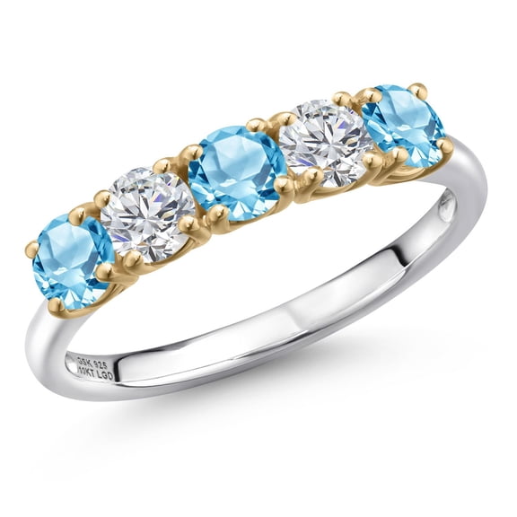 Gem Stone King 925 Silver and 10K Yellow Gold Swiss Blue Topaz and Lab Grown Diamond Wedding-Bands Ring for Women | 1.61 Cttw | Round 4MM | Gemstone November Birthstone | Size 8