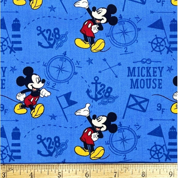 1 Fat Quarter - Disney Mickey Mouse Nautical Lighthouse & Anchors on Blue Cotton Fabric - 18" X 21"