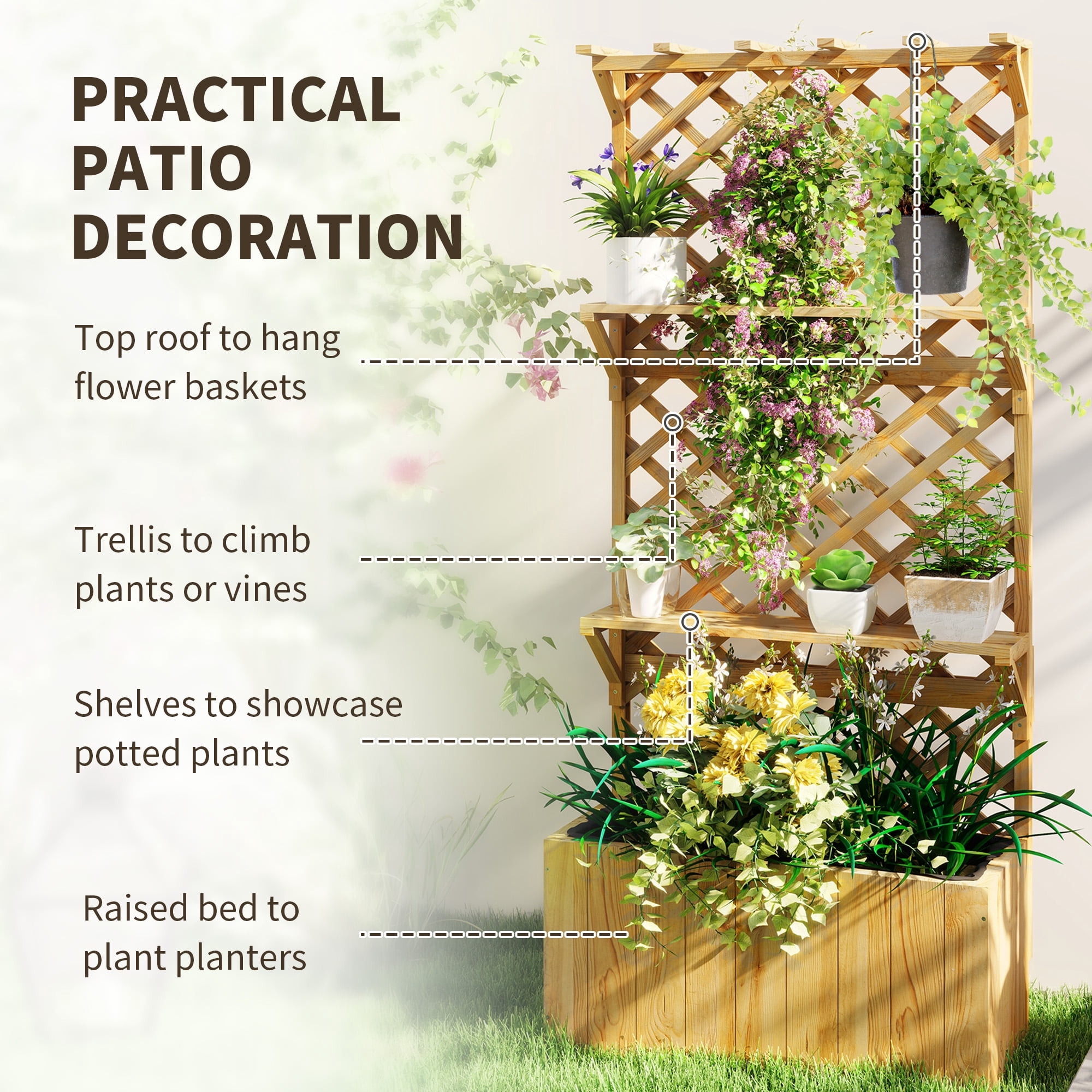 Outsunny Wooden Raised Garden Bed, Planter with Trellis, Hanging Roof, Plant Shelf, Drainage Holes and Bed Liner, Natural