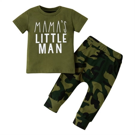 

GRNSHTS Toddler Infant Baby Boy Camouflage Romper Tops+Pants Leggings 2 PCS Mamas Little Man Letter Outfits Set 6-12 Months