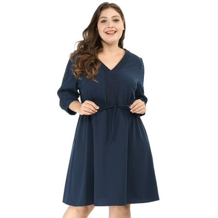 V-neck Tie Waist Dress - Women's Plus Size Tie Waist Crochet Panel V Neck Dress Blue