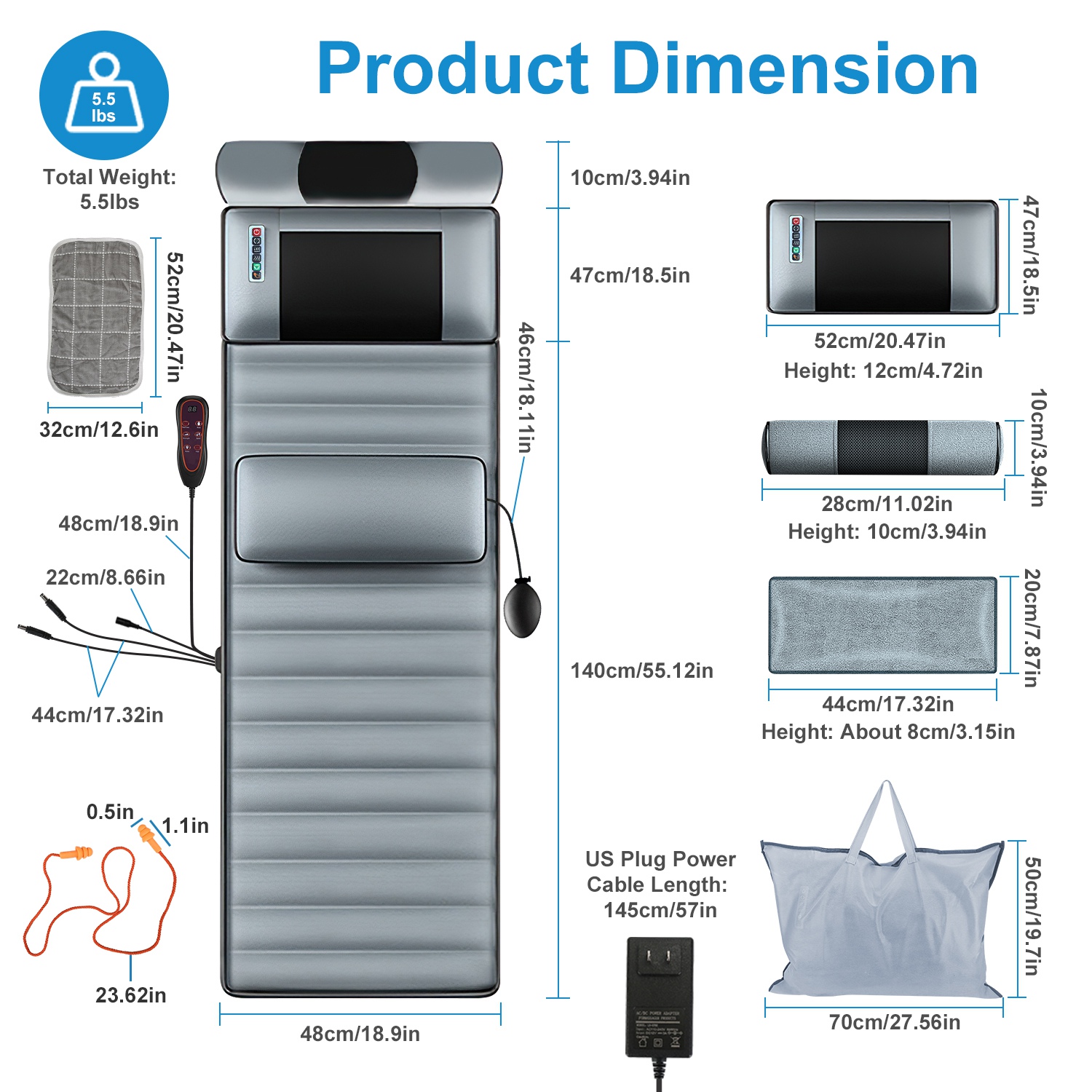 Imountek Upgraded Full Body Electric Massage Mat with Heat, Vibrating Back Massager Chair Pad with Neck Massager Lumbar Pillow, 10 Vibration Motors 3 Timers Anti-Slip Bottom Earplugs for Home Office