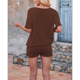 thumbnail image 5 of Conjuntos de Dos Piezas de Punto para Mujer, Blusa y Pantalones Cortos de Corta con Bordes Rematados, Ropa de Estar por Casa y para Viajar. Color Café S, 5 of 10