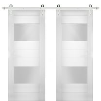 Modern Double Barn Door 56 x 80 inches with Opaque Glass 2 Lites / Sete 6222 White Silk / Stainless Steel 13FT Rail Track Set / Solid Panel Interior Doors