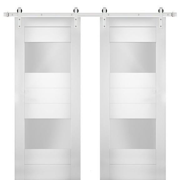 Modern Double Barn Door 56 x 80 inches with Opaque Glass 2 Lites / Sete 6222 White Silk / Stainless Steel 13FT Rail Track Set / Solid Panel Interior Doors