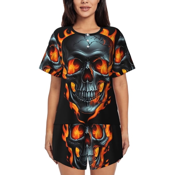 Fotbe Flame Metal Skull Conjunto de Pijama Estampado para Mujer, 2 Piezas, Ropa de Dormir con Camiseta de Manga Corta y Shorts Suaves-Small