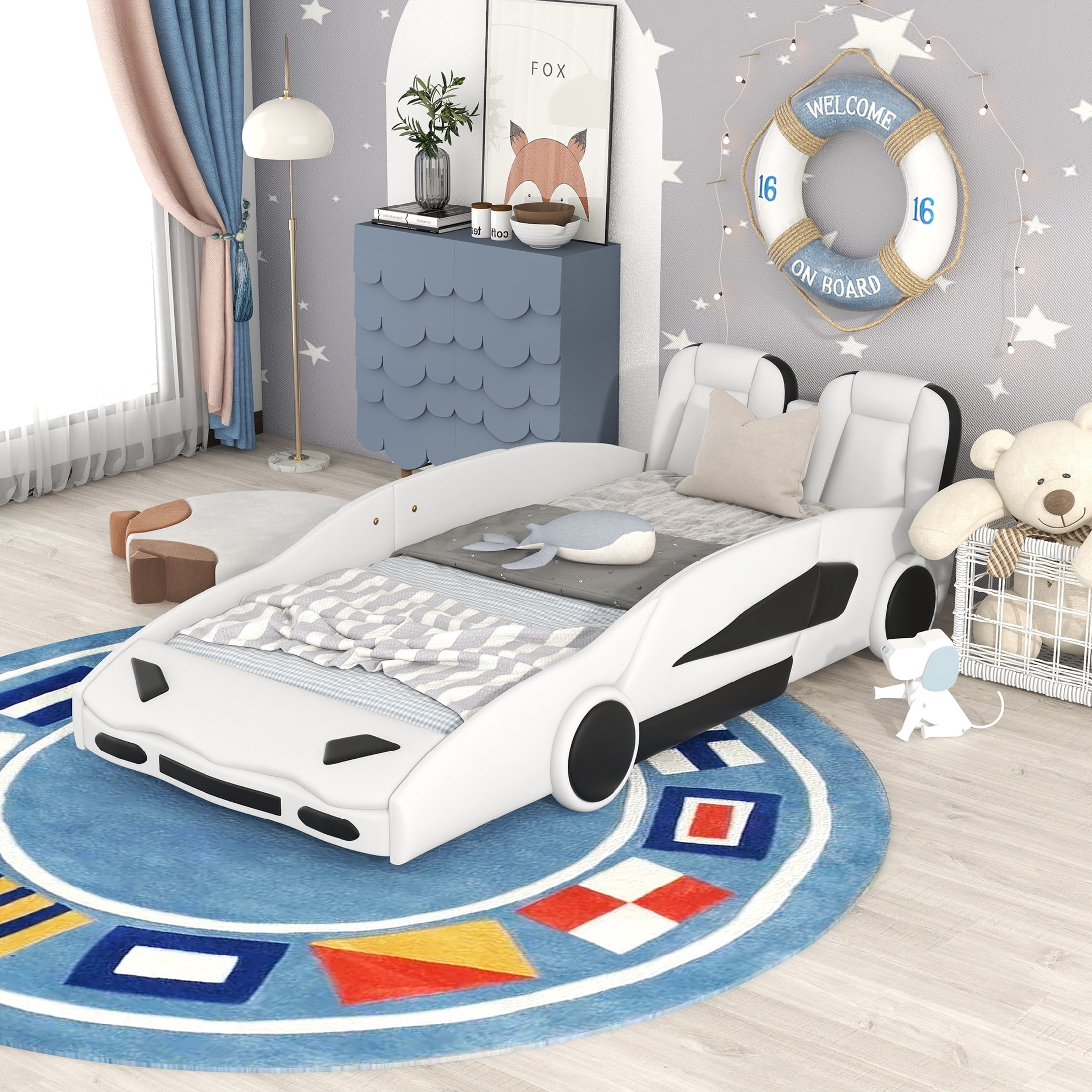 Noble House Twin Race Car-Shaped Platform Bed, Sturdy Pine Wood Frame with Wheels and Guardrails, White