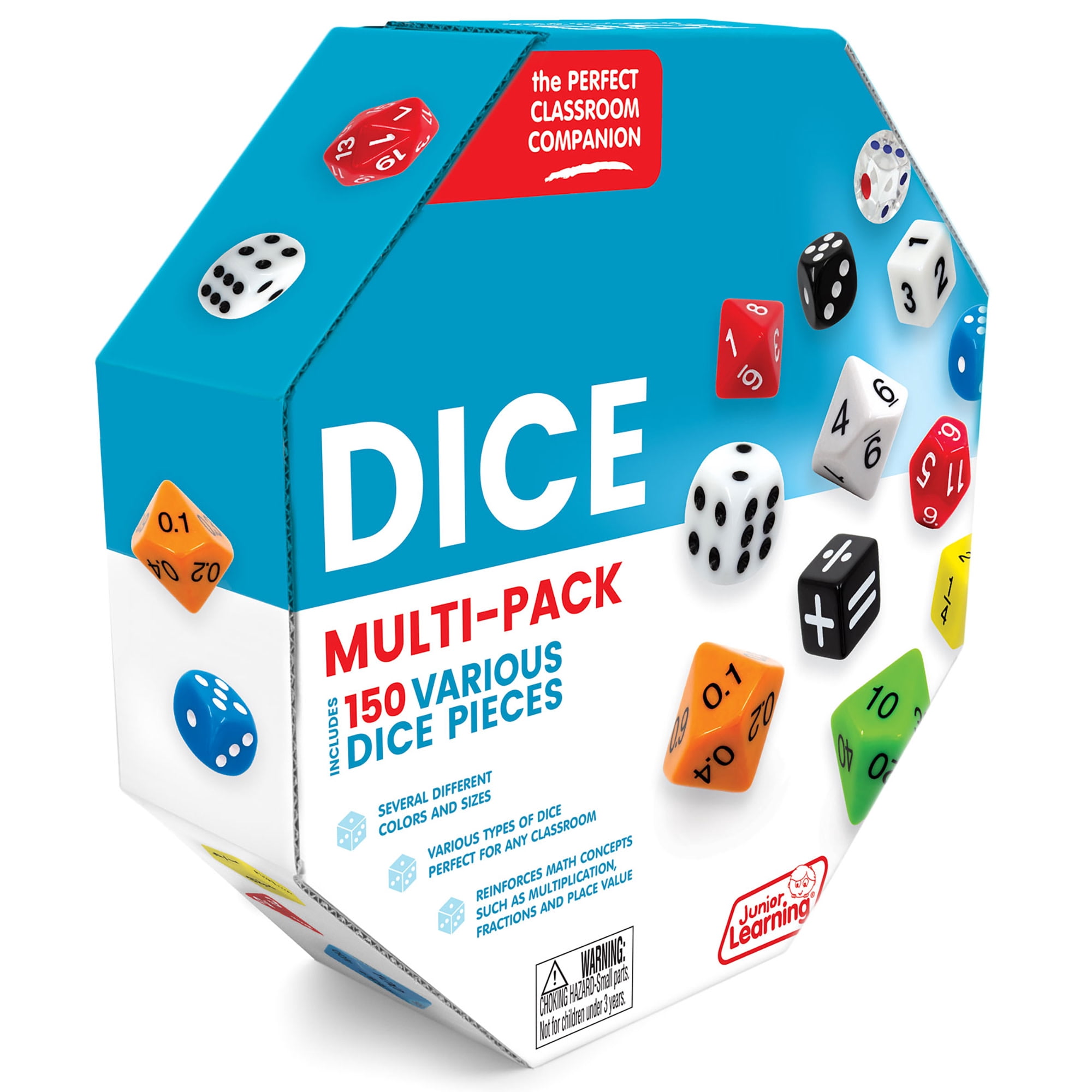 Junior Learning: Dice Multi-Pack - 150 Various Pieces - Multiple Sizes & Values, Math Concepts-Fractions-Equations, Use For Kids Play & Learning Games