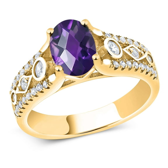Gem Stone King 18K Yellow Gold Plated Silver Oval Checkerboard Purple Amethyst Ring for Women (1.56 Cttw, Gemstone Birthstone, Available in Size 5, 6, 7, 8, 9)