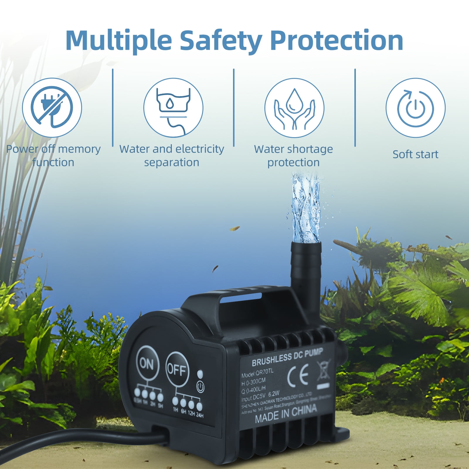 Mini 5V Water Pump with 4 Gear On/Off Timing, Acceleration and Deceleration Function, Max 400L/H Flow 9.8ft Lift, USB Charging Cable and Suction Cup Base