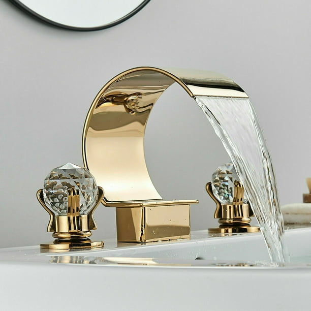 CES Gold Bathroom Faucet 3 Hole Dual Crystal Knobs Widespread Vanity