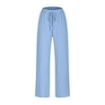 thumbnail image 6 of Sakmal Pleated Women's Pants Drawstring Cotton Linen Comfy Cuffed High Waisted Solid Blue Full Length Pants with Pockets, 6 of 6