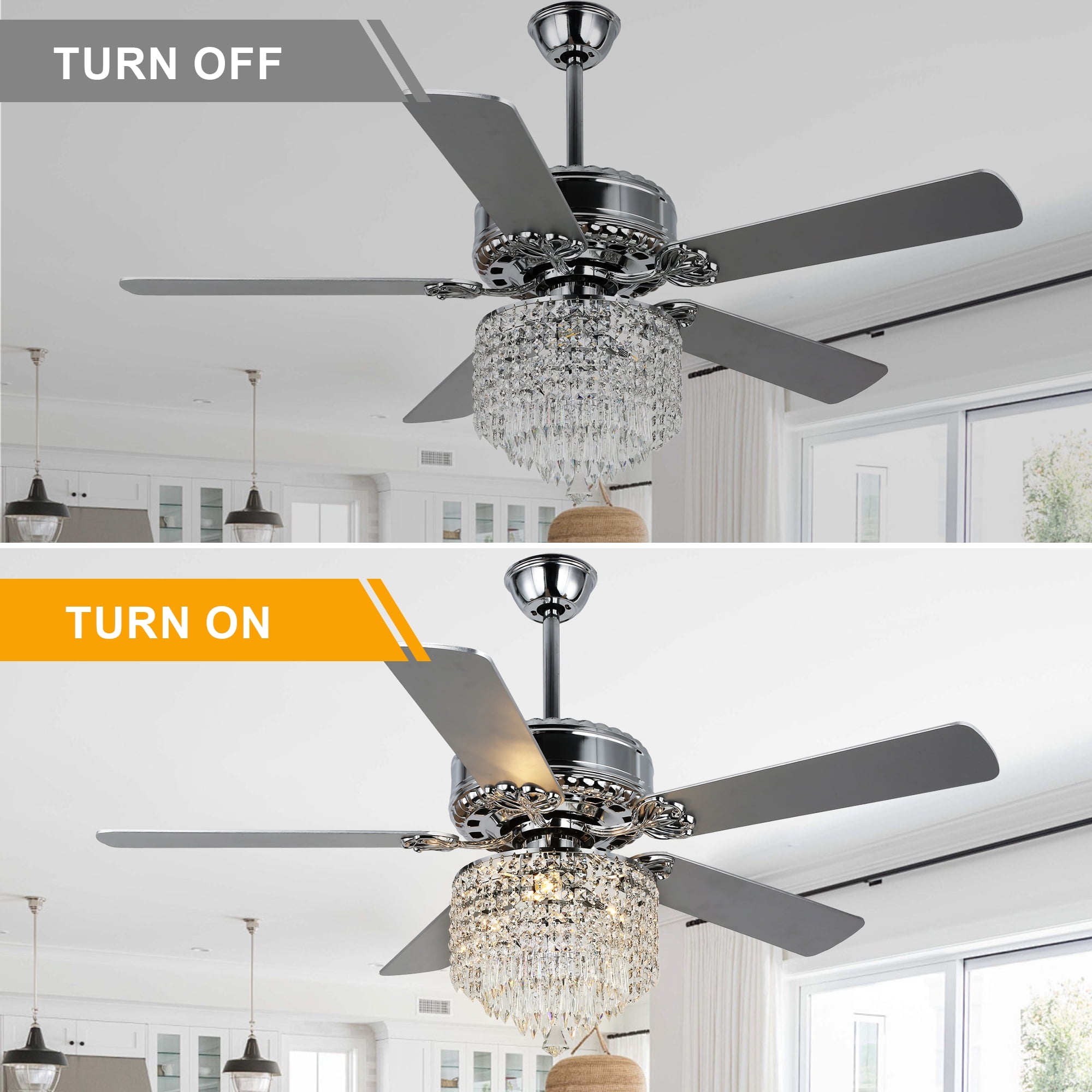 52" Modern Silver Crystal Ceiling Fan with Light and Remote Control, 6-Speed Reversible DC Motor