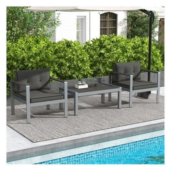 Patio Sofa Chair with WPC Armrests, Gray Cushions & Silver Frame - Outdoor Seating for Backyard, Porch, Living Room - Aluminum, Olefin, 355 lbs Capacity