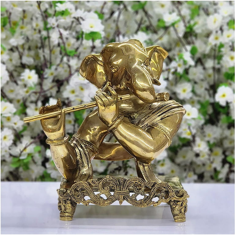 11 Inches Lotus Lord Ganesh Brass Idol - Ganpati Decorative Statue