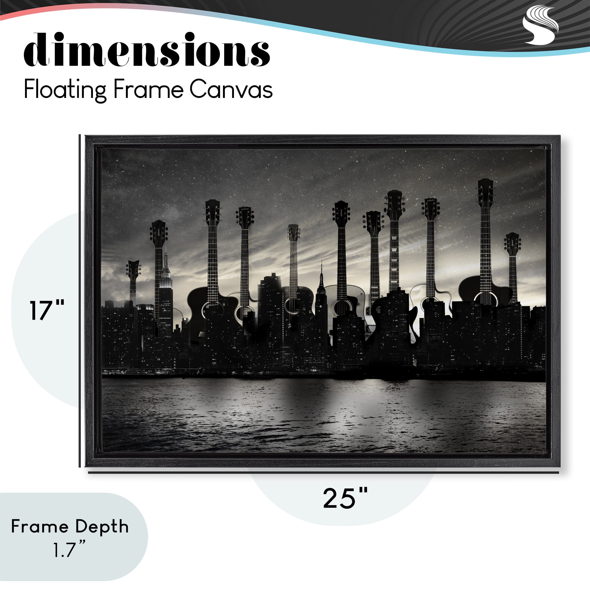 Stupell Industries Guitar Skyline Cityscape Black Framed Floater Canvas Wall Art, design by CAD Designs