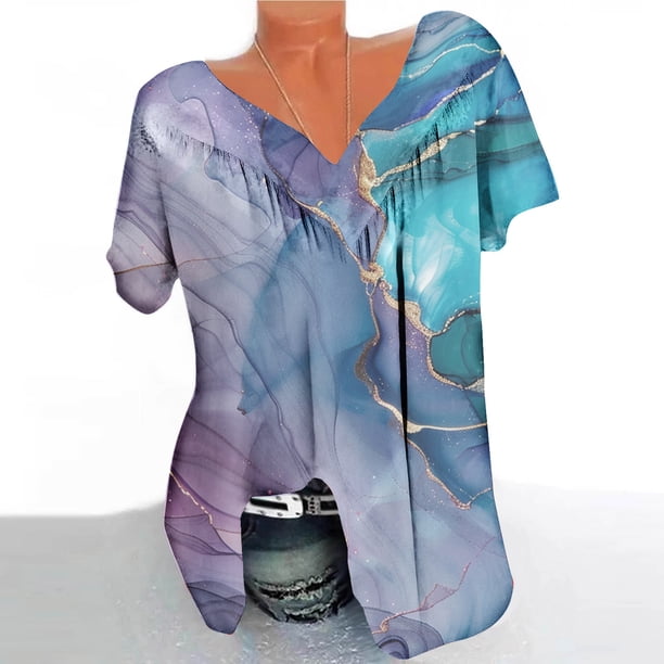 Fiudx Ofertas Flash Del Día Solo En Línea Blusa Estampada con Cuello En V y Mangas Cortas Informales para Mujer a La Moda, Blusas con Pliegues