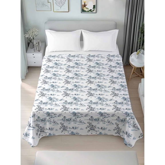 Asian King Size Flat Sheet, Wrinkleproof & Fadeproof Cooling Flat Bed Sheet Only, Oriental Chinese Traditional Ink Painting Natural Breathable Soft Bedding Top Sheets 105 x 98 Inches