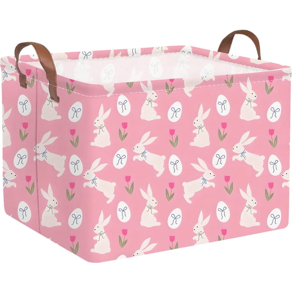 Rectangular Easter Storage Basket Easter Basket for Boys and Girls Storage Bin Collapsible Book Shelf Basket Easter Bunny Eggs Decor Easter Gifts Easter Room Decor(Pink Rabbit Basket)