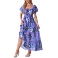 thumbnail image 1 of INSPIRAR CHIC Vestido Maxi Boho de Manga Corta con Escote Corazón Floral para Mujeres M Azul Púrpura, 1 of 6