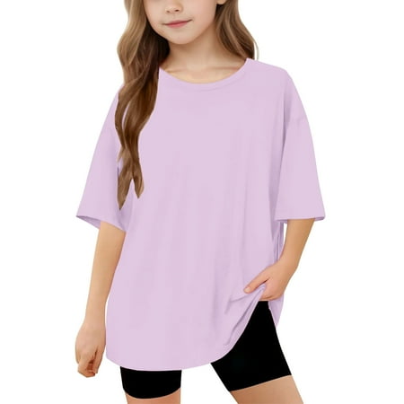 BLTIBY Toddler Girls Boys T-shirt Summer Round Neck Solid Color Short Sleeve Tee Kids Loose Fashion Pullover Tops Purple 10-11 Years