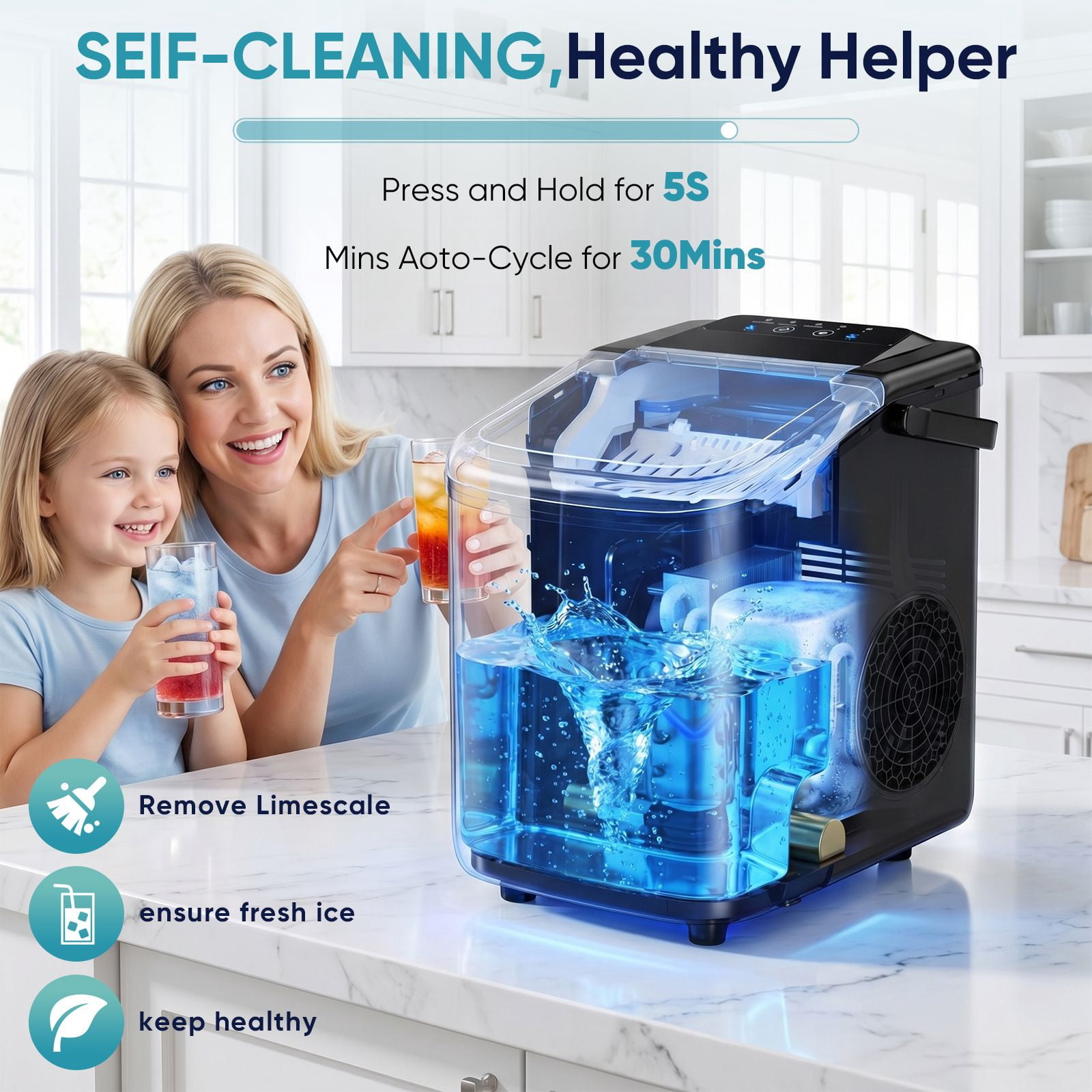 ZHICHUN Portable Desktop Ice Maker 6-8 Mins Fast Ice Machine with Handle Basket Spoon Self-Cleaning