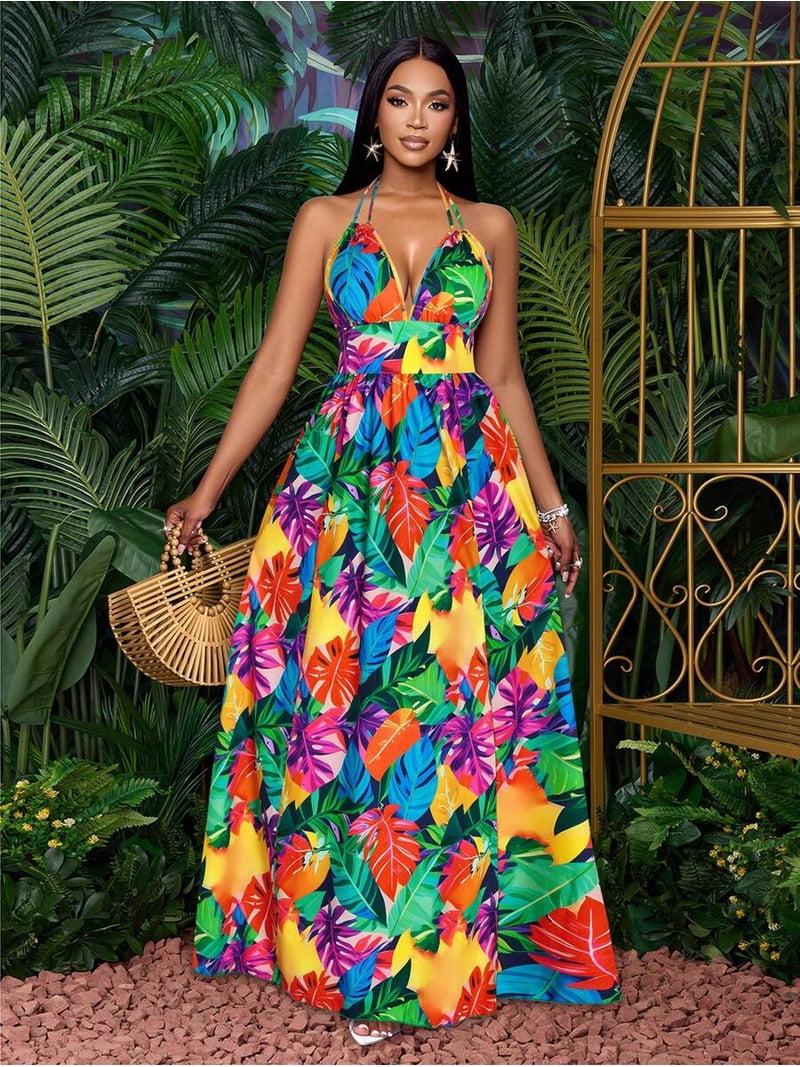 tropical elegant dress /// Women's Tropical Vacation Maxi Dress: Halter Neck, Vibrant Print, Flowing Skirt Elegant Gown, Size: Small