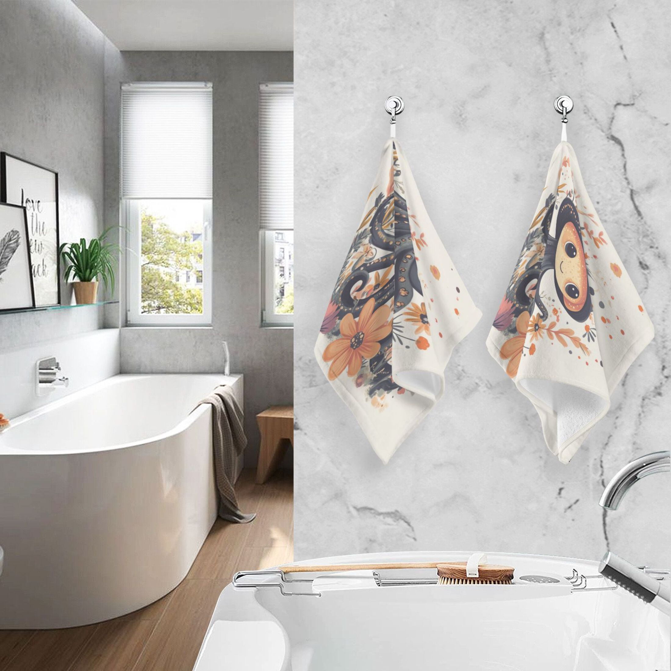 Cotton Towel Two-Piece 16x28 Inch One Sizex2 Face Towel Set Towel Set Cotton Hand Bath Towel Bathroom Beach Super Cute Black Octopus