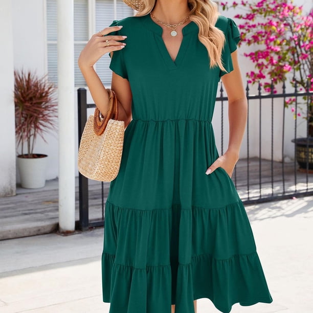 Puntoco Vestido De Manga Corta Con Cuello En V, Vestido Casual De Color Sólido Con Manga Corta Y Volantes Para Mujer Verde Militar Xxl