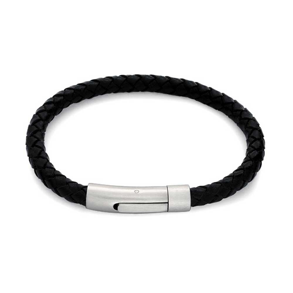 Black Woven Braided Leather Bangle Bracelet Stainless Magnetic Buckle