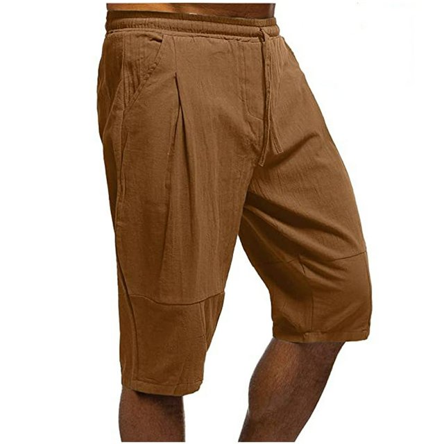 JUNWELL Men‘s Cotton Linen Workout Shorts Casual Drawstring Loose Fit Athletic Running Knee Length Shorts with Pockets