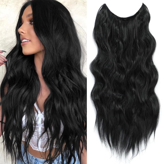 Halo Hair Extensions 24 Inch Invisible Wire Hair Extensions Adjustable Long Wavy Hairpiece Synthetic Upgrade 4 Secure Clips in Hairpieces 24 Inch,Dark