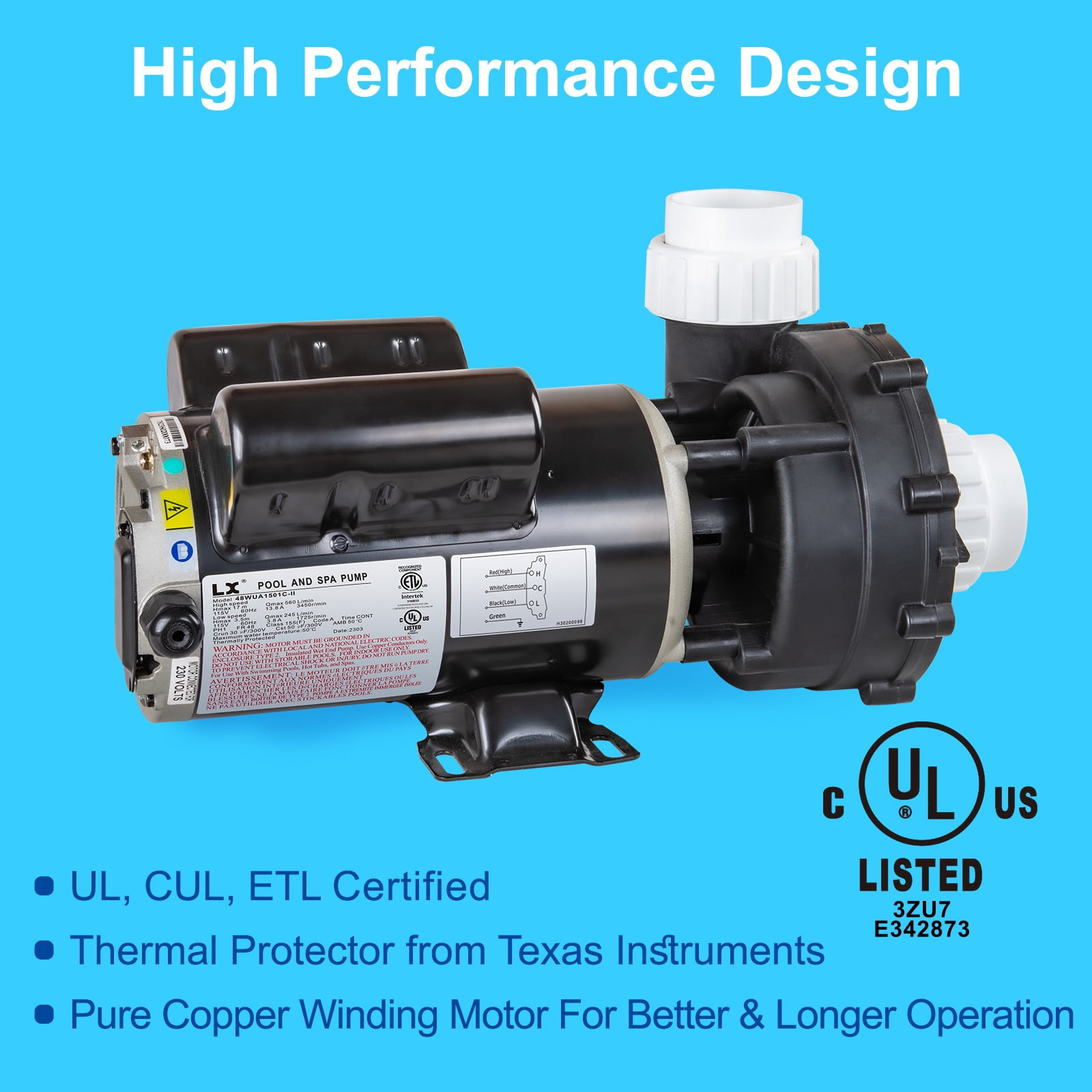 LINGXIAO SPA Pump, 2 Speed Hot Tub SPA Pump, 2HP LX SPA Pump Motor, 115V/60HZ, 2" Port - Model: 48WUA1501C-II