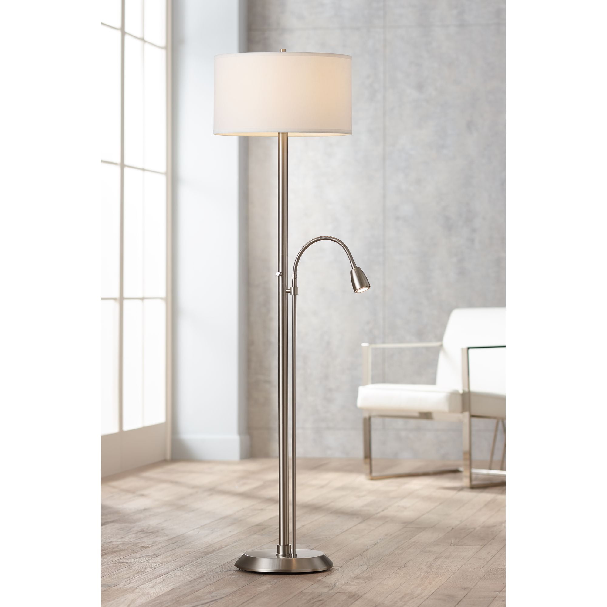 Possini Euro Design Modern Floor Lamp With Reading Light Led Brushed Nickel White Linen Drum Shade For Living Room Bedroom Office