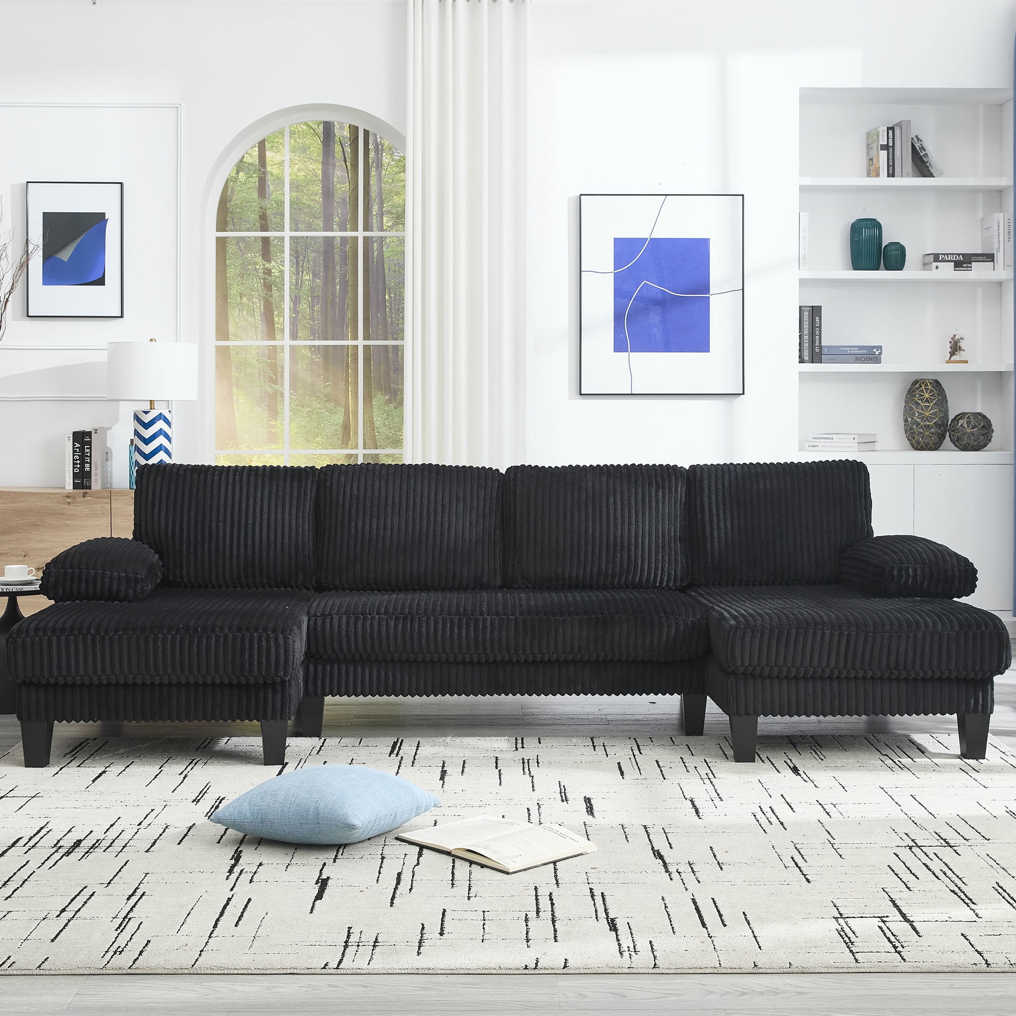 MAYEERTY U-Shaped Sectional Sofa with Double Chaise, 4-Seater Oversized Deep Seat Corduroy Couch with Side Armrest Pockets, for Living Room Apartment