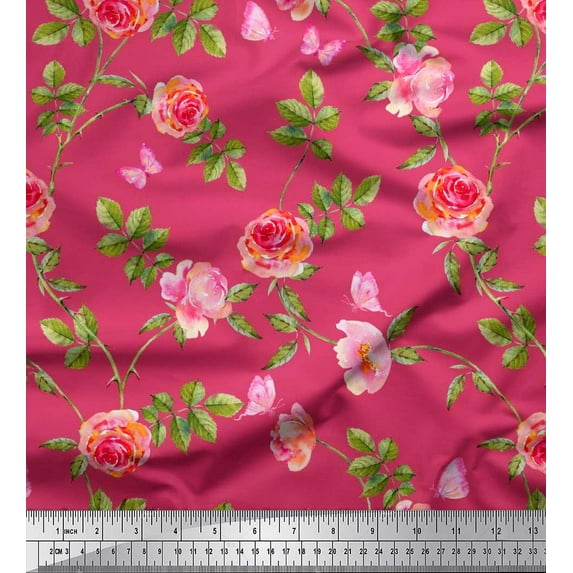 Soimoi Modal Satin Fabric Leaves,Rose & Peony Floral Print Fabric by The Yard 42 Inch Wide