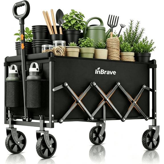 InBrave Collapsible Wagon Cart, 34" Long Heavy Duty Folding Wagon, 130 L Capacity, 360 lbs, All-Terrain Wheels for Beach, Camping, Sports & Shopping