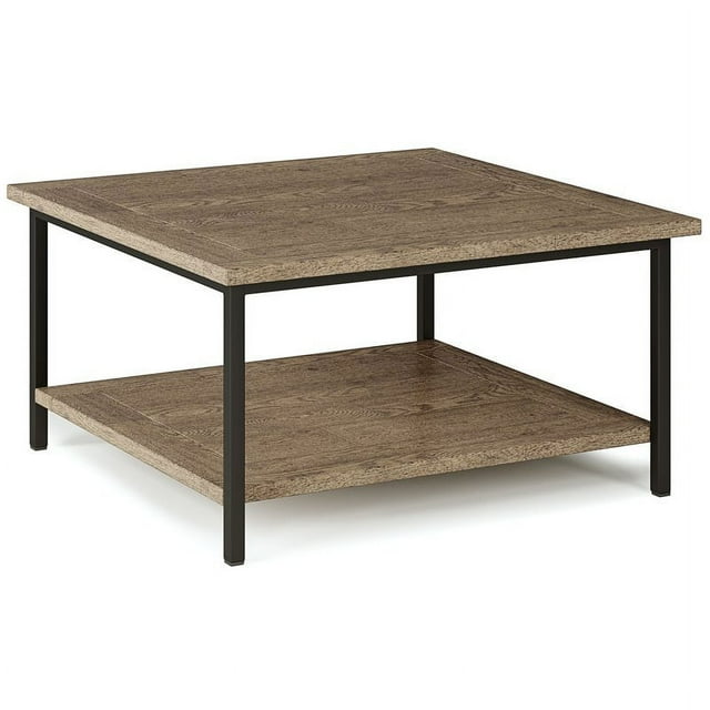 Simpli Home Skyler Mango Wood and Metal 34" Square Industrial Coffee Table in Beach Brown