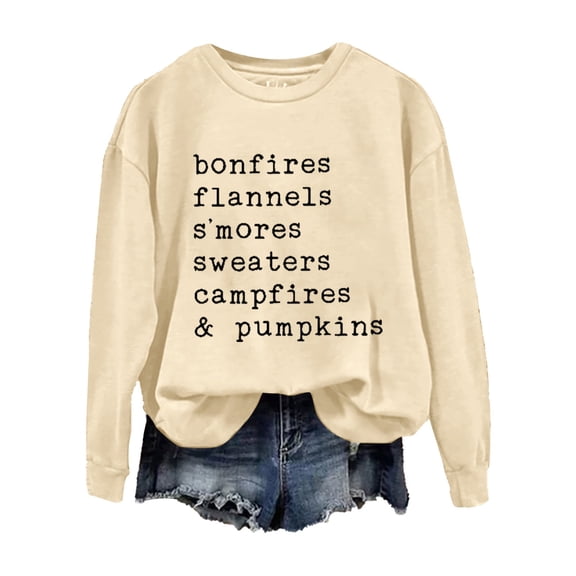 VISALY Pullover Crewneck Sweatshirt Graphic Sweatshirts Flannels Sweaters and Pumpkins Printed Round Neck Long Sleeve Sweatshirt Basic Sweatshirt Comfy Sweaters Warm Sweaters Beige L