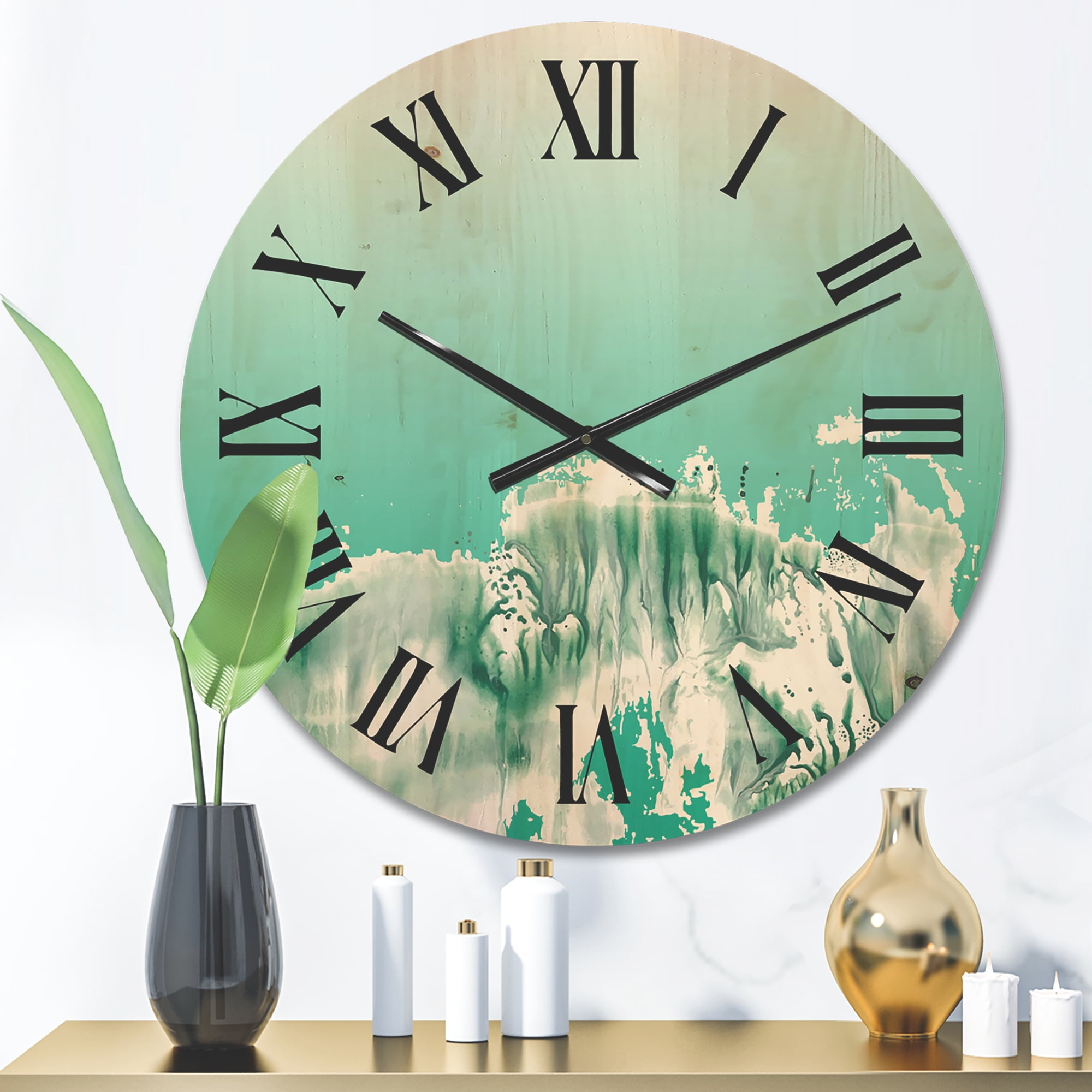 Designart 'Auquamarine Landscape Turquoise Splashes' Traditional Wood Wall Clock