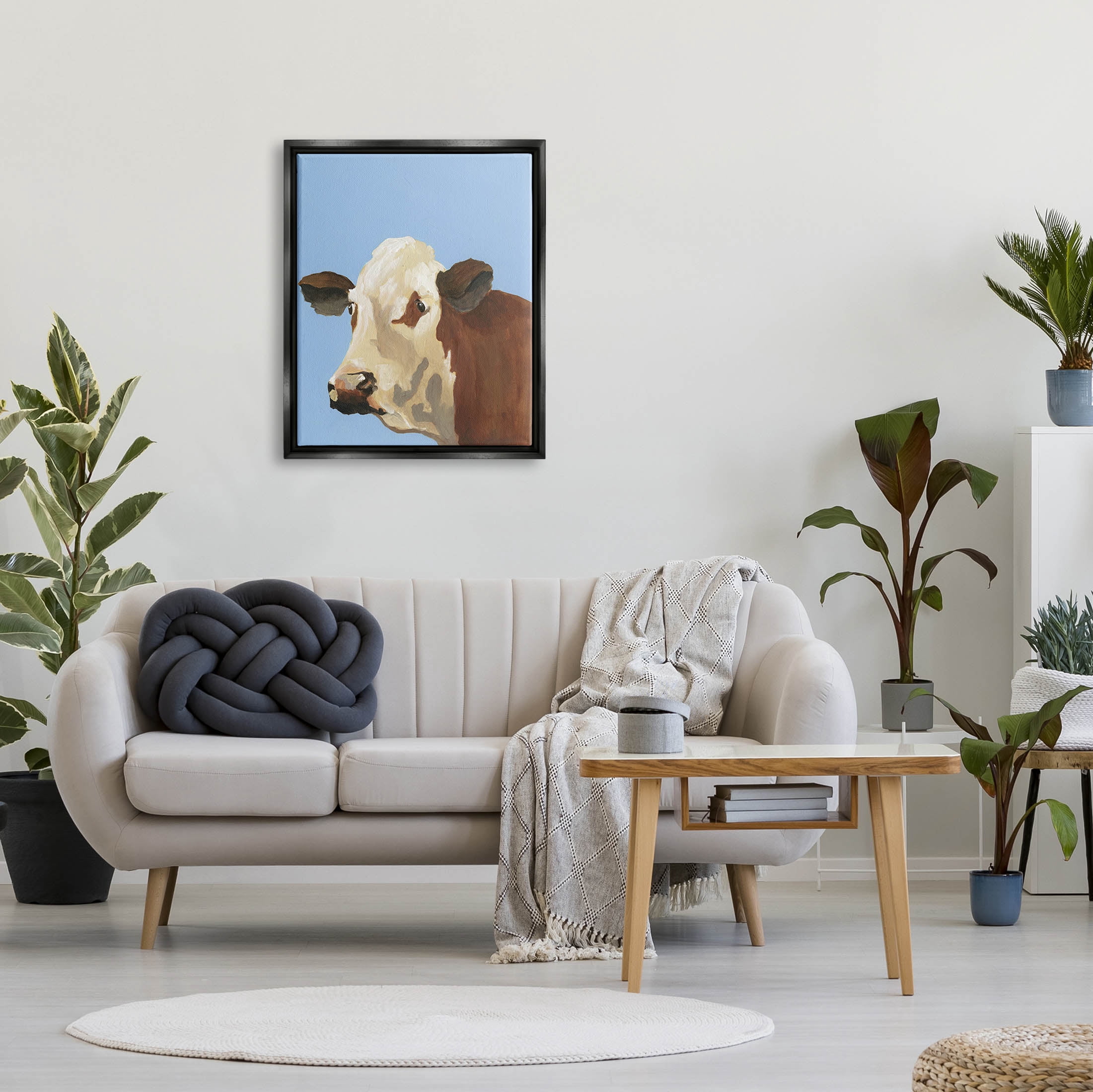 Stupell Industries Blue Farm Cow Portrait Graphic Art Jet Black Floating Framed Canvas Print Wall Art, Design by Regina Moore