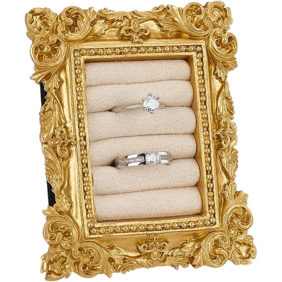 Vintage Ring Holder 4x3.2x0.9inch Rectangle Jewelry Rings Display Frame 5 Slots Gold Resin Frame Stand with White Cloth Lining