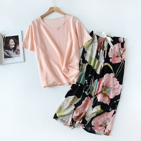 

Breathable 2PCS Pajama Short Sleeve Printed Pijama Mujer Femme Loose Nightwear Suit Female Casual Homewear Pajama Set For Women