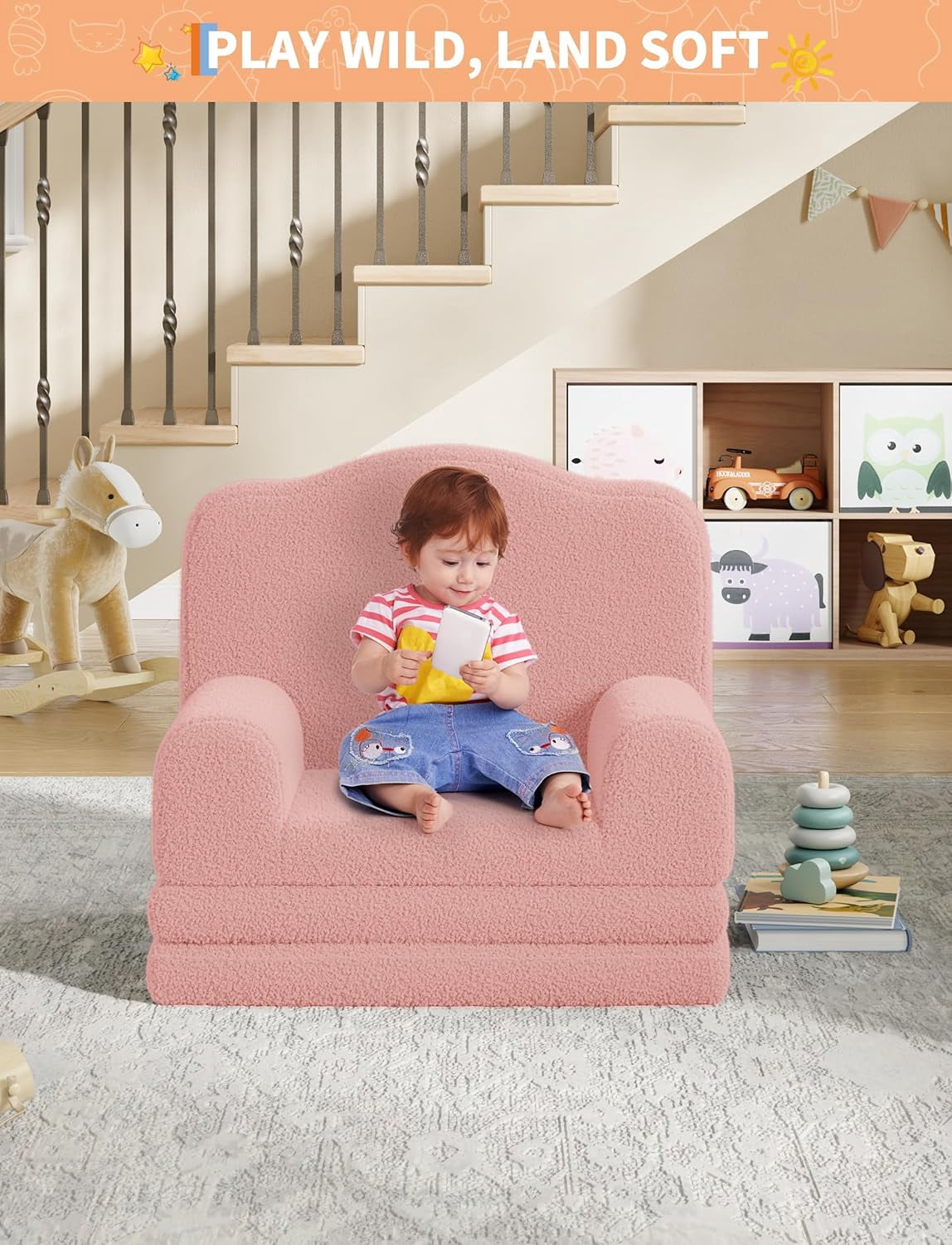 Kids Couch, 2-in-1 Convertible Teddy Fleece Fabric Toddler Sofa Chair, Soft Fold Out Couch Lounger for Kids, Comfy Children's Sofa Bed for Playroom, Nursery, Birthday Gift (Pink Crown)