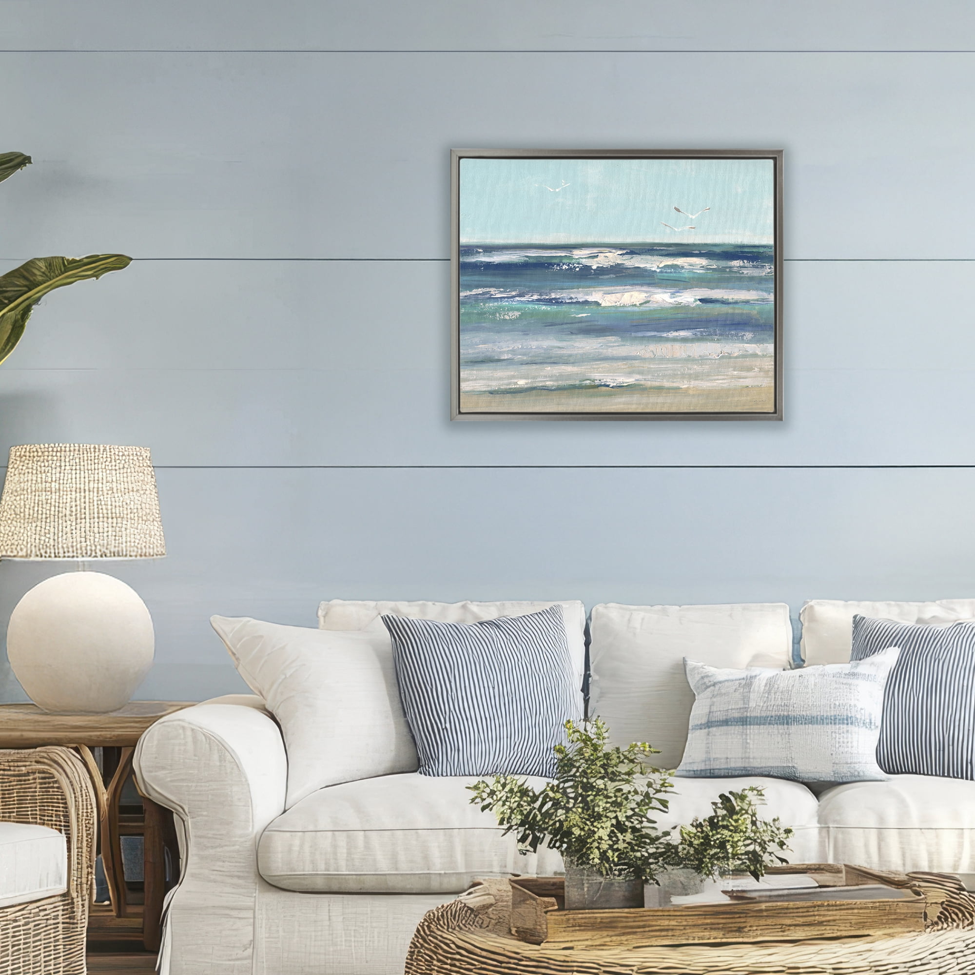 Stupell Industries Seagulls over Rolling Waves Gray Framed Floater Canvas Wall Art, design by Sally Swatland