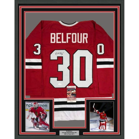 Framed Autographed/Signed Ed Belfour 35x39 Chicago Red Hockey Jersey JSA COA