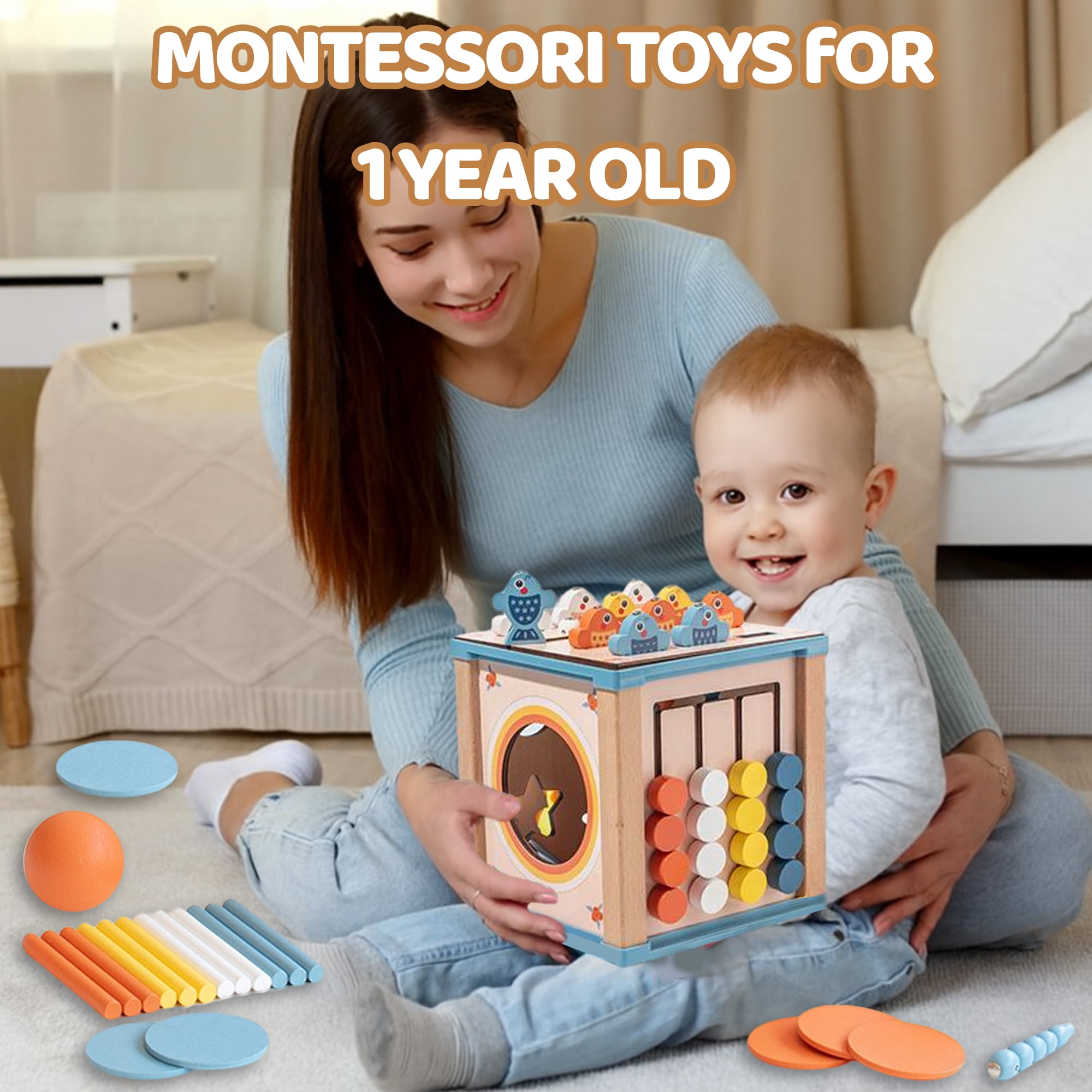 LieGorJi 8 in 1 Wooden Activity Cube, Montessori Toys Set, Educational Developmental Toy, Birthday Gifts for 6-12 Month 1-3 3-5 Year Old